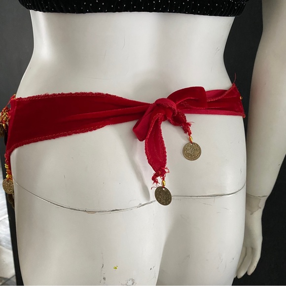Red Velvet Gold Coin Triangle Hip Scarves Belly Dance - Picture 4 of 6